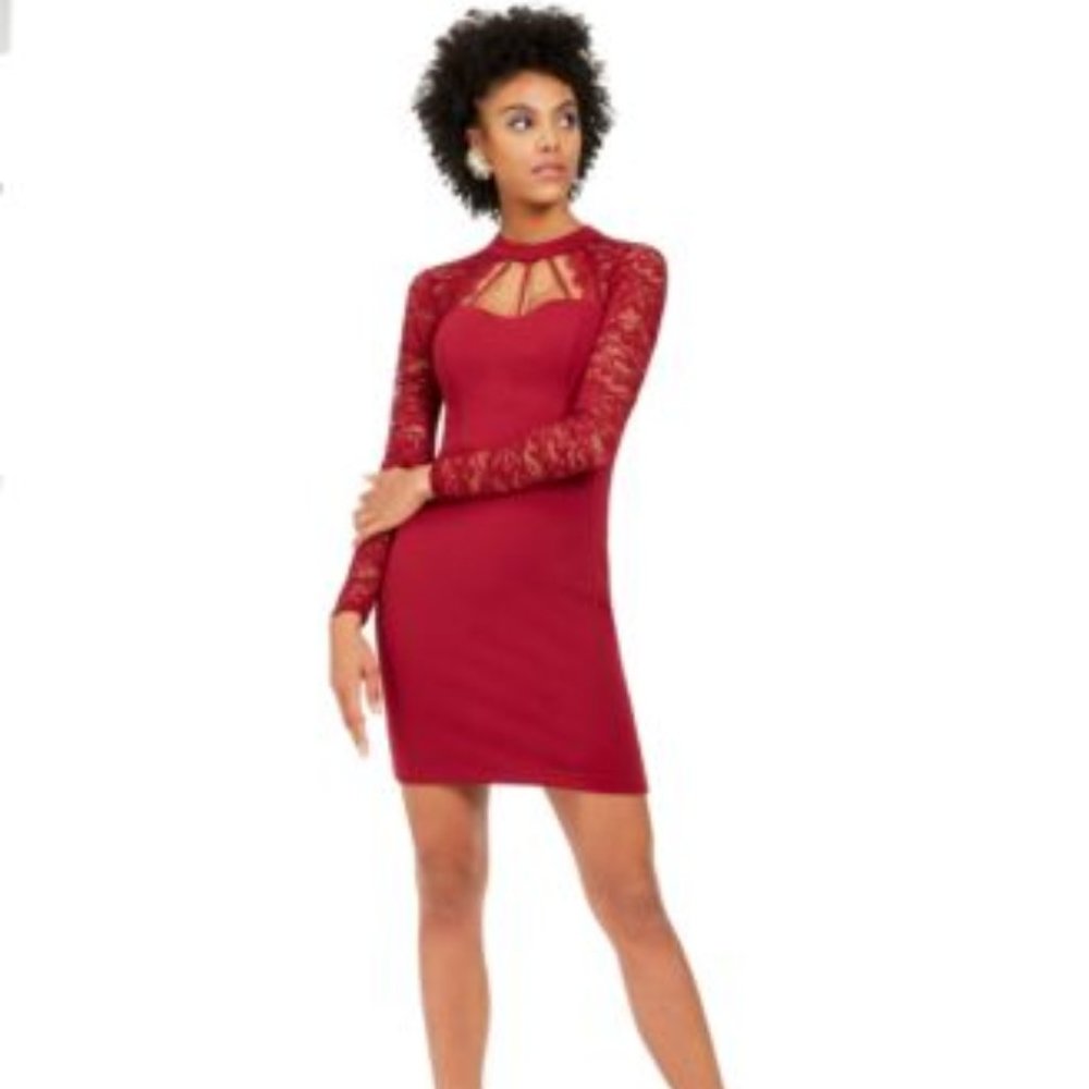 GUESS Red Lace Cut Out Long Sleeve Dress